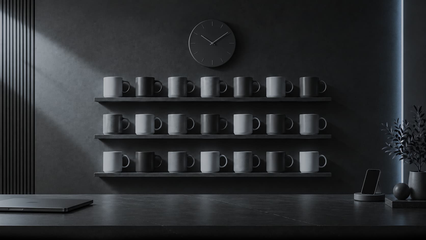 A quiet desk and shelves of mugs under soft light.
