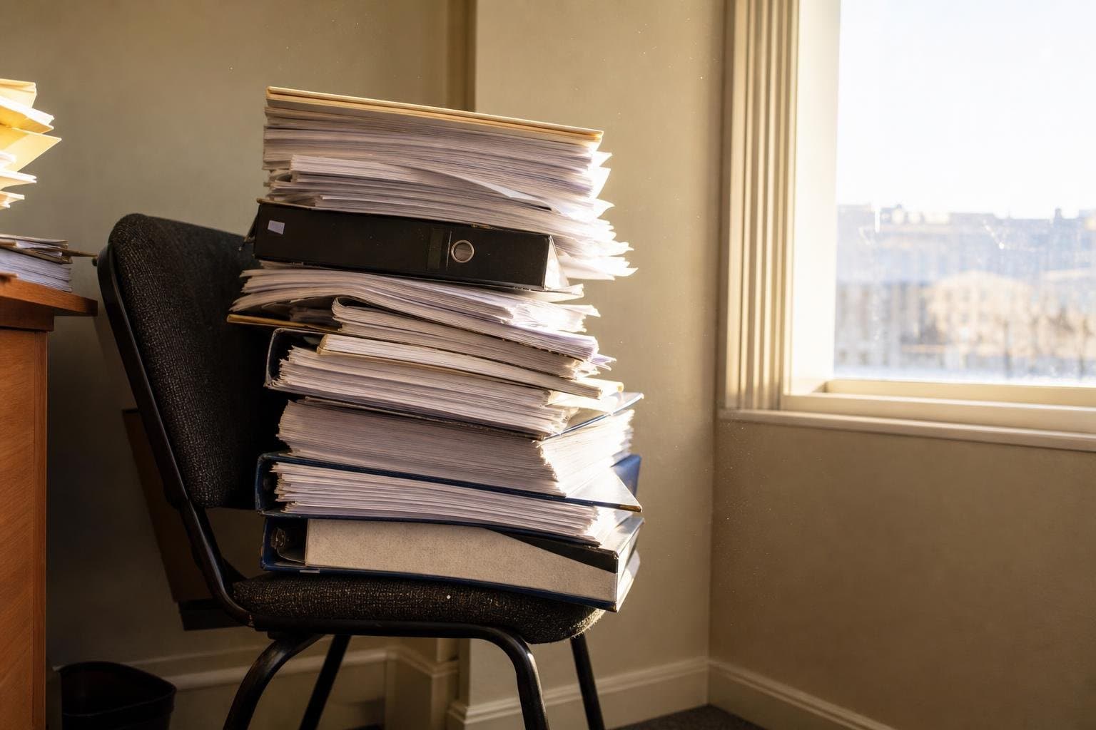 A tall, precarious stack of binders and printed documents on a chair.