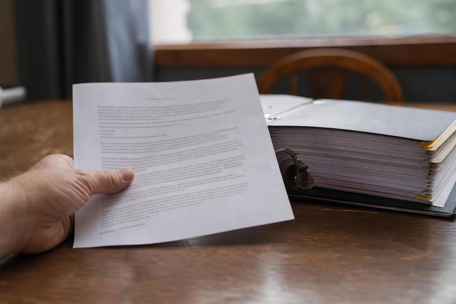 A single sheet of paper held next to a thick, overstuffed binder on a table.