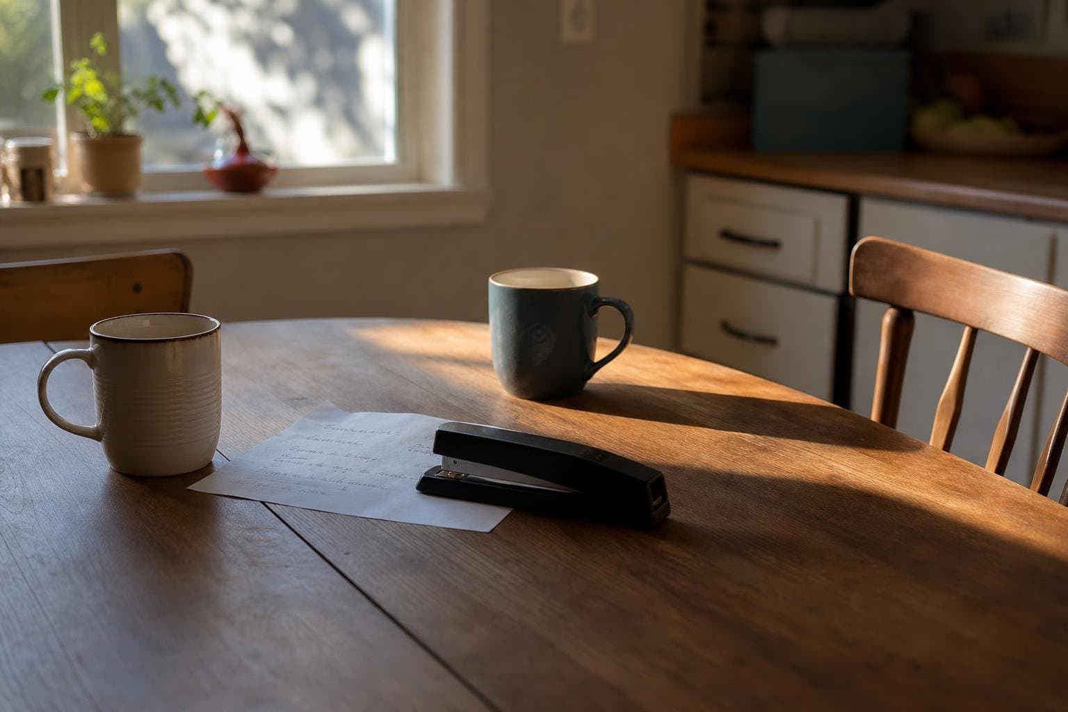 Two cold mugs of coffee and a short handwritten list on a kitchen table, lit by late afternoon sun.