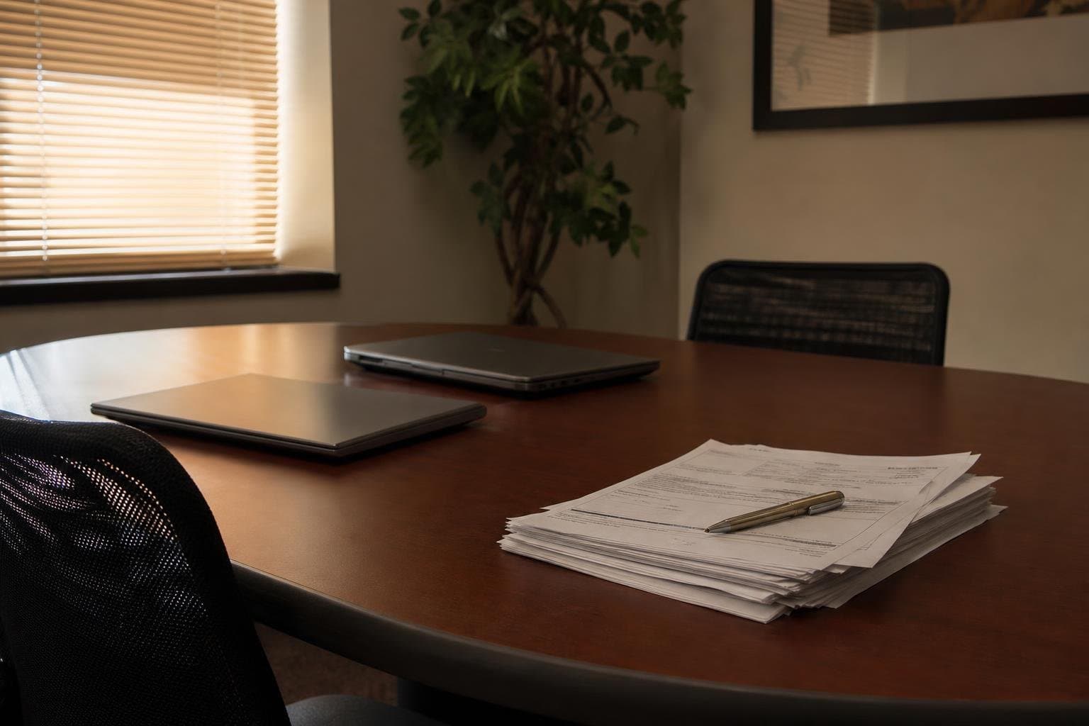 A stack of printed invoices with a pen on a meeting table.