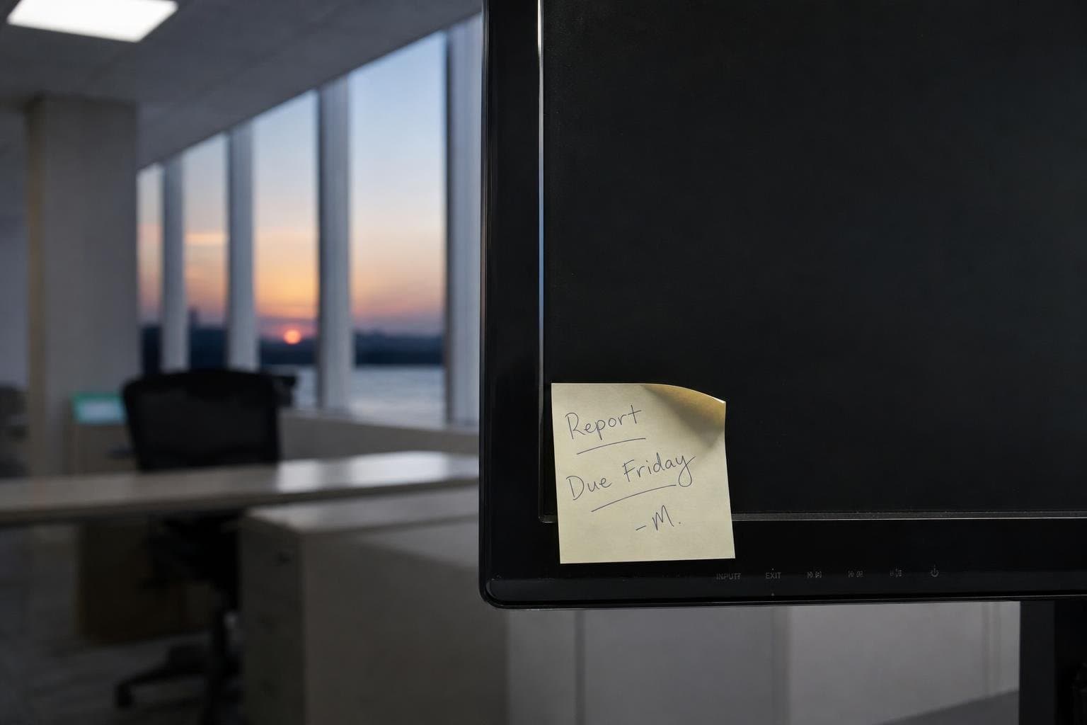 A handwritten note stuck to the edge of a monitor in an empty office at dusk.