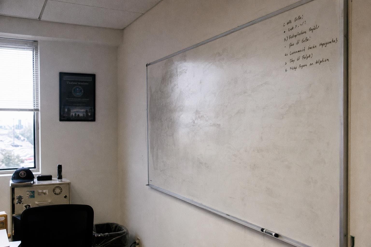 A mostly erased whiteboard with just a few handwritten notes remaining in one corner.