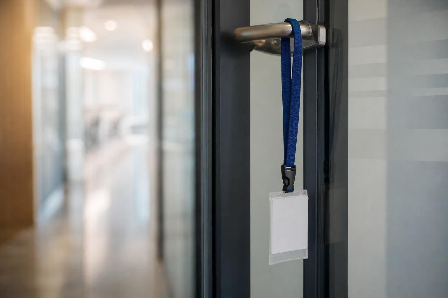 A visitor badge hanging on a glass office door handle.