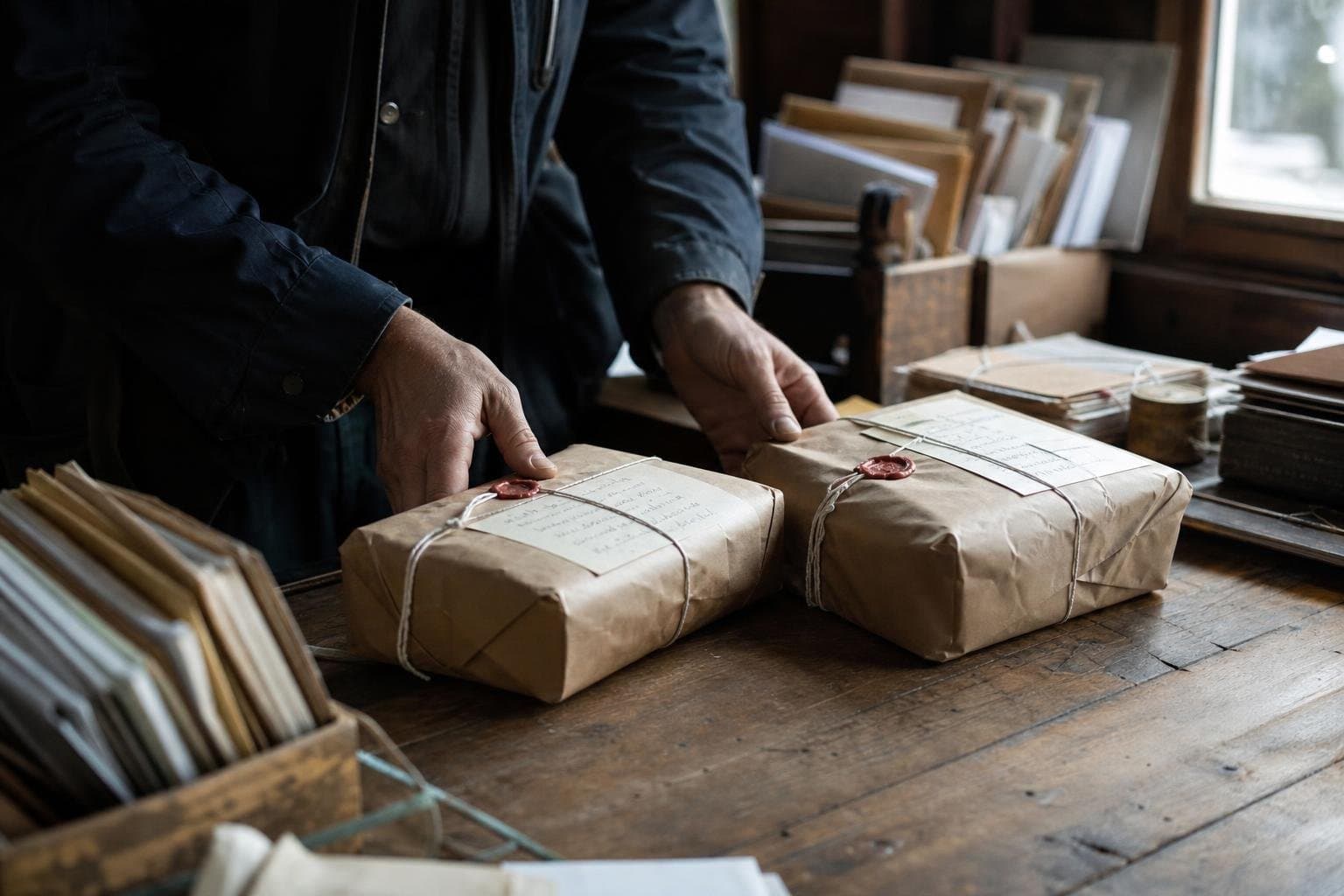 A pair of hands sorting two sealed parcels addressed to different places on a wooden table.