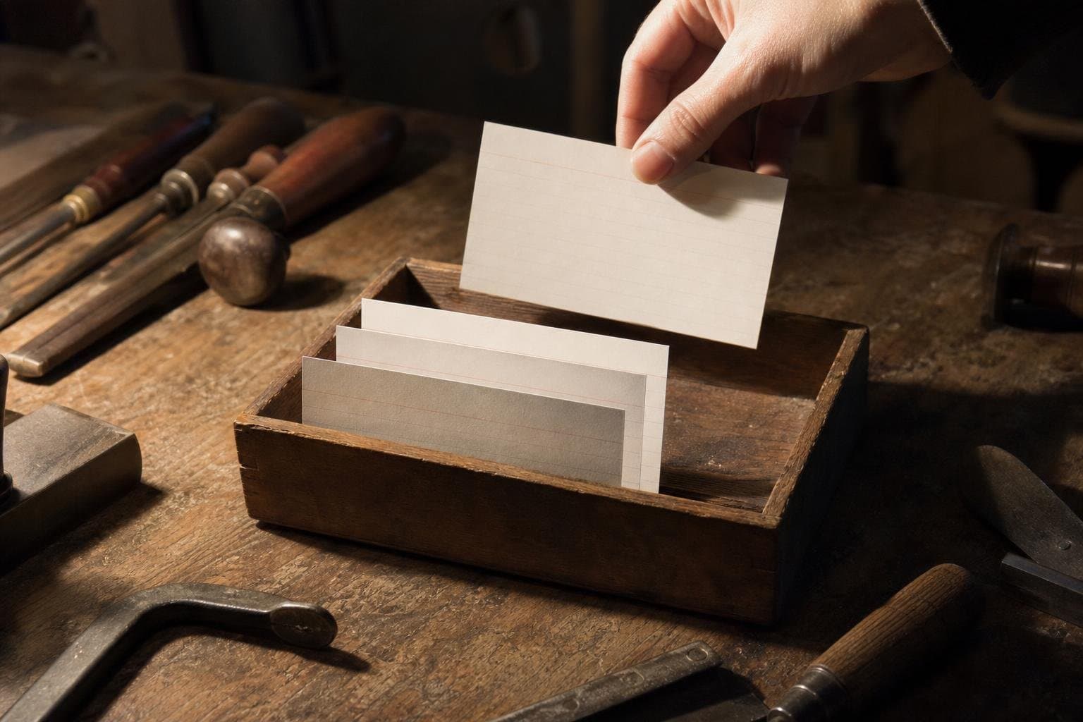 A hand placing an index card into a small wooden tray among a few other cards on a cluttered workshop table.