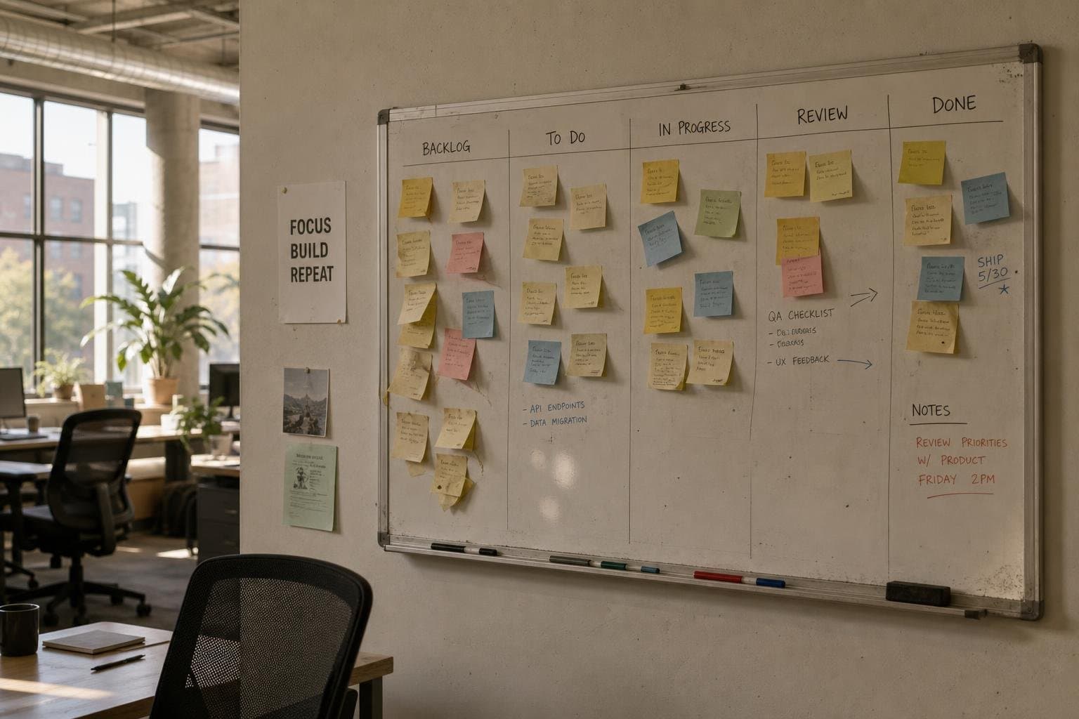A team task board with a mix of old curling notes and a few new ones, no one standing near it.