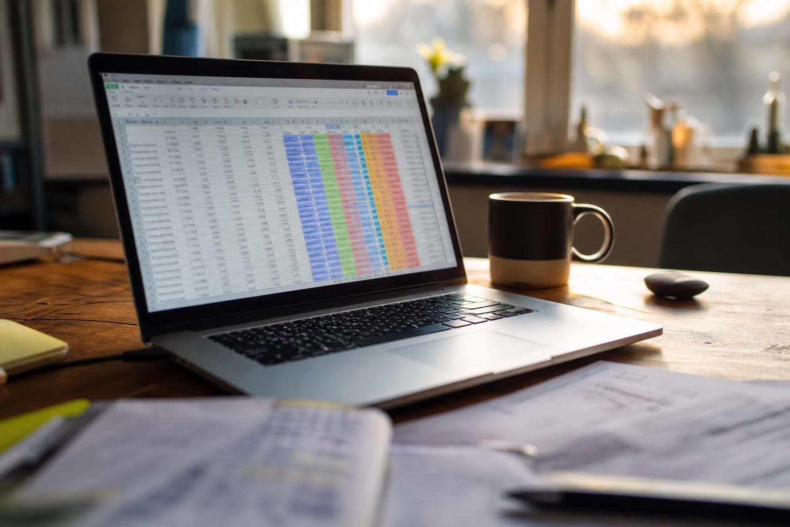 A laptop open to a spreadsheet on a desk in natural afternoon light.