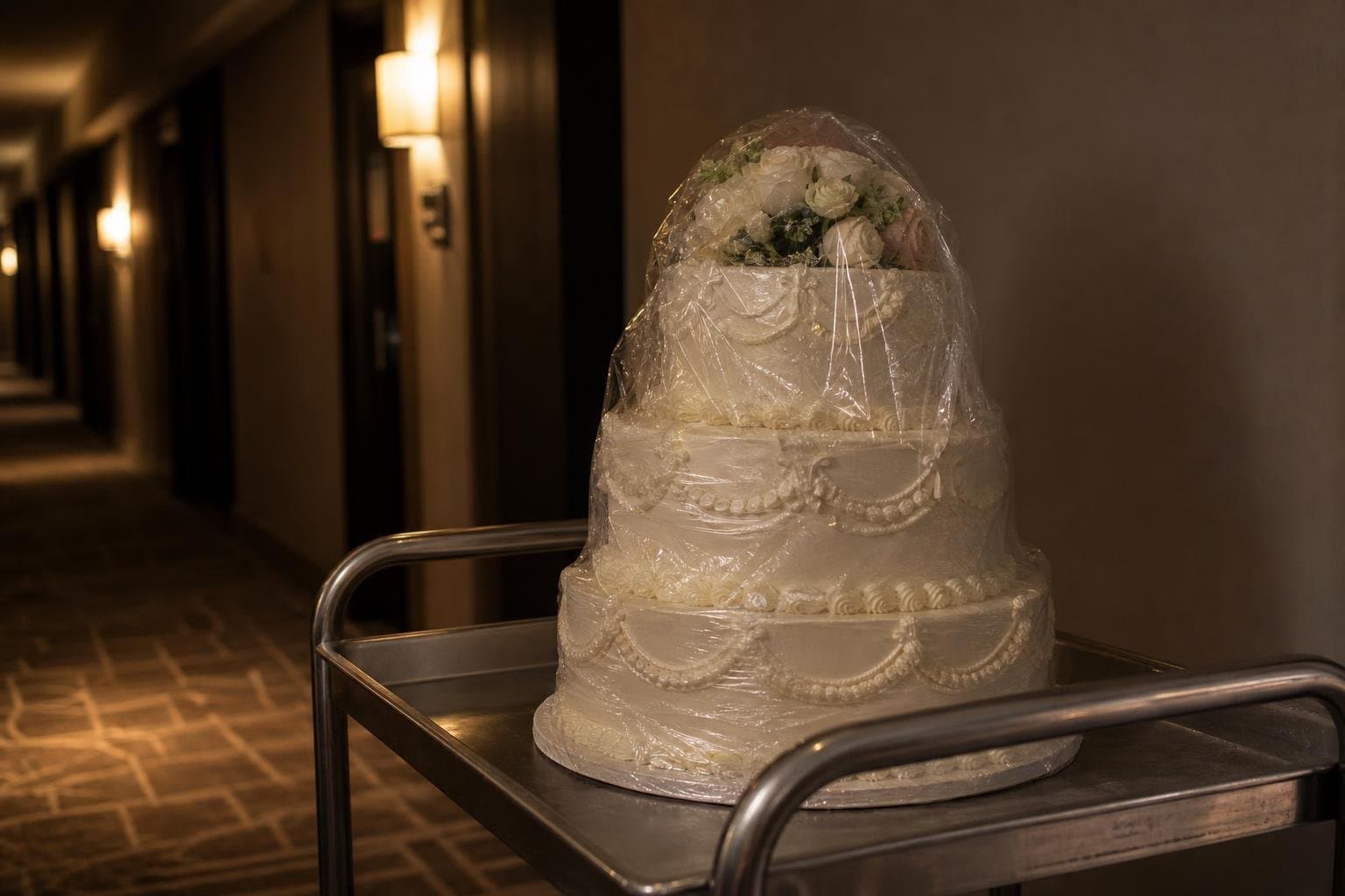 A finished, plastic-wrapped cake sitting alone on a cart in a hallway, unclaimed.