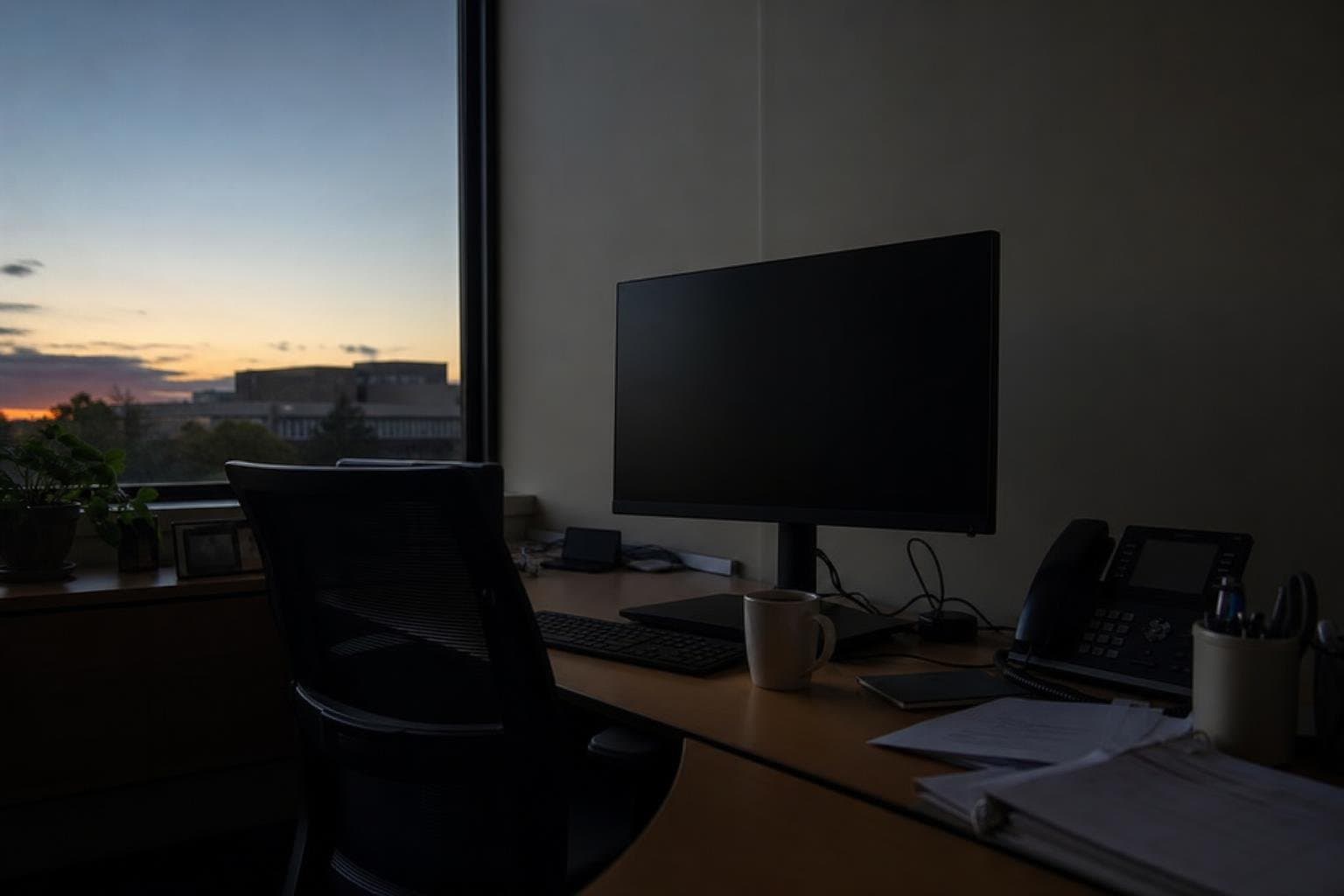 An empty desk with a dark monitor after an employee has left the office for the last time