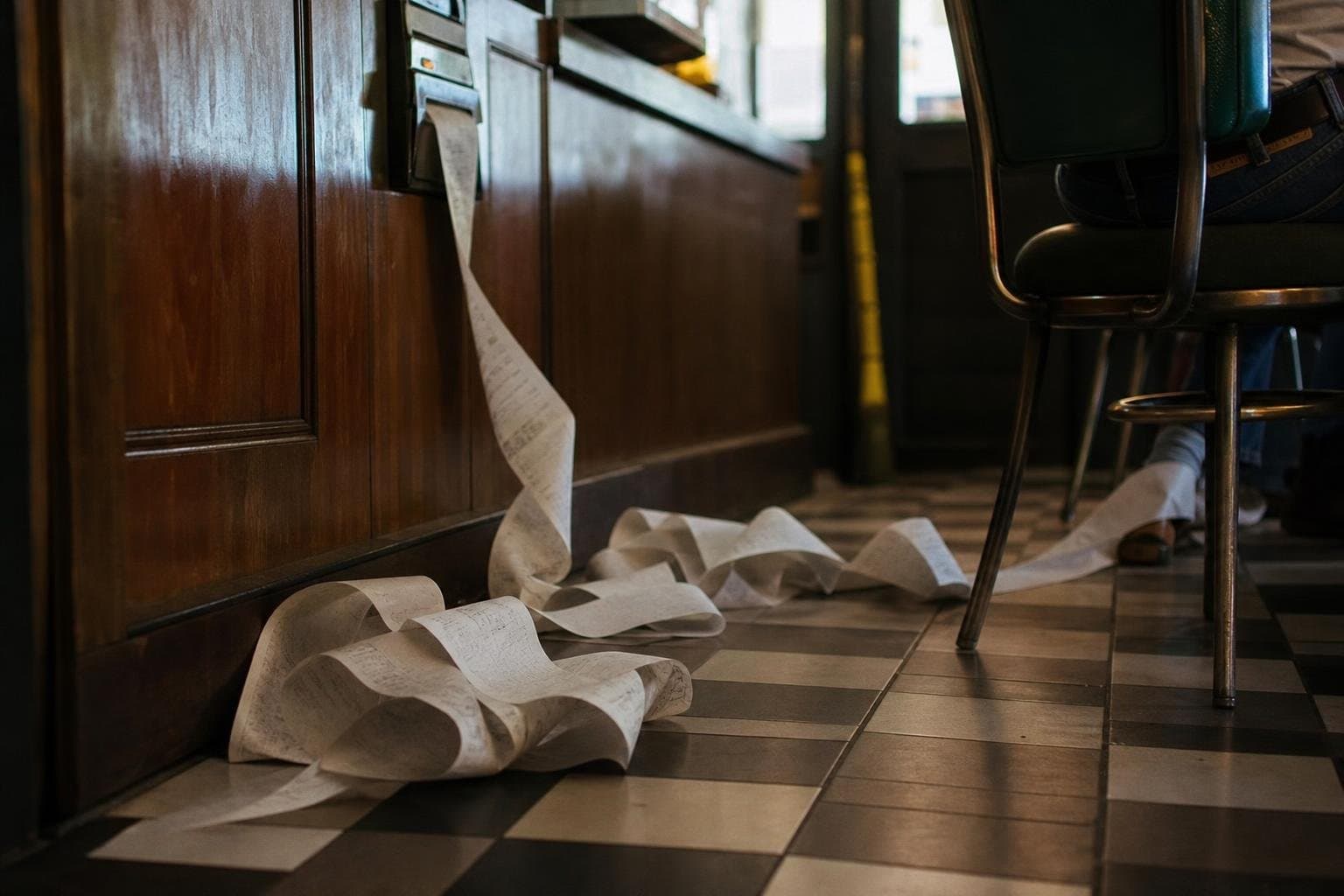 A long paper receipt coiled on the floor, unread, spilling from a till.