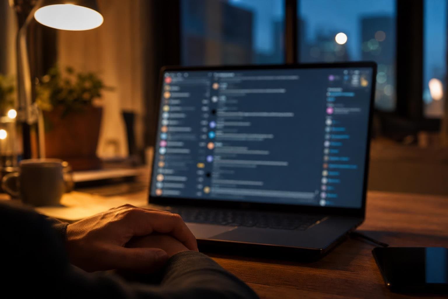 A person sitting at a desk in front of a laptop with a chat conversation blurred on screen, office lit by lamp light at dusk.