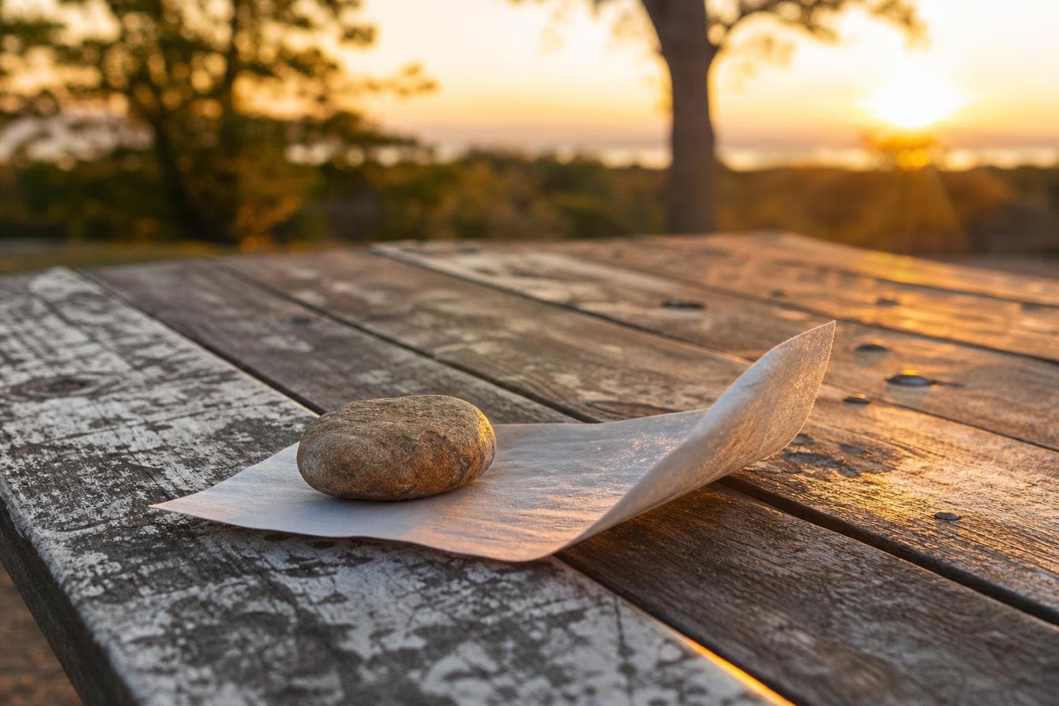 A single piece of paper weighted under a rock on an empty table at dusk, its corner lifting in the wind.
