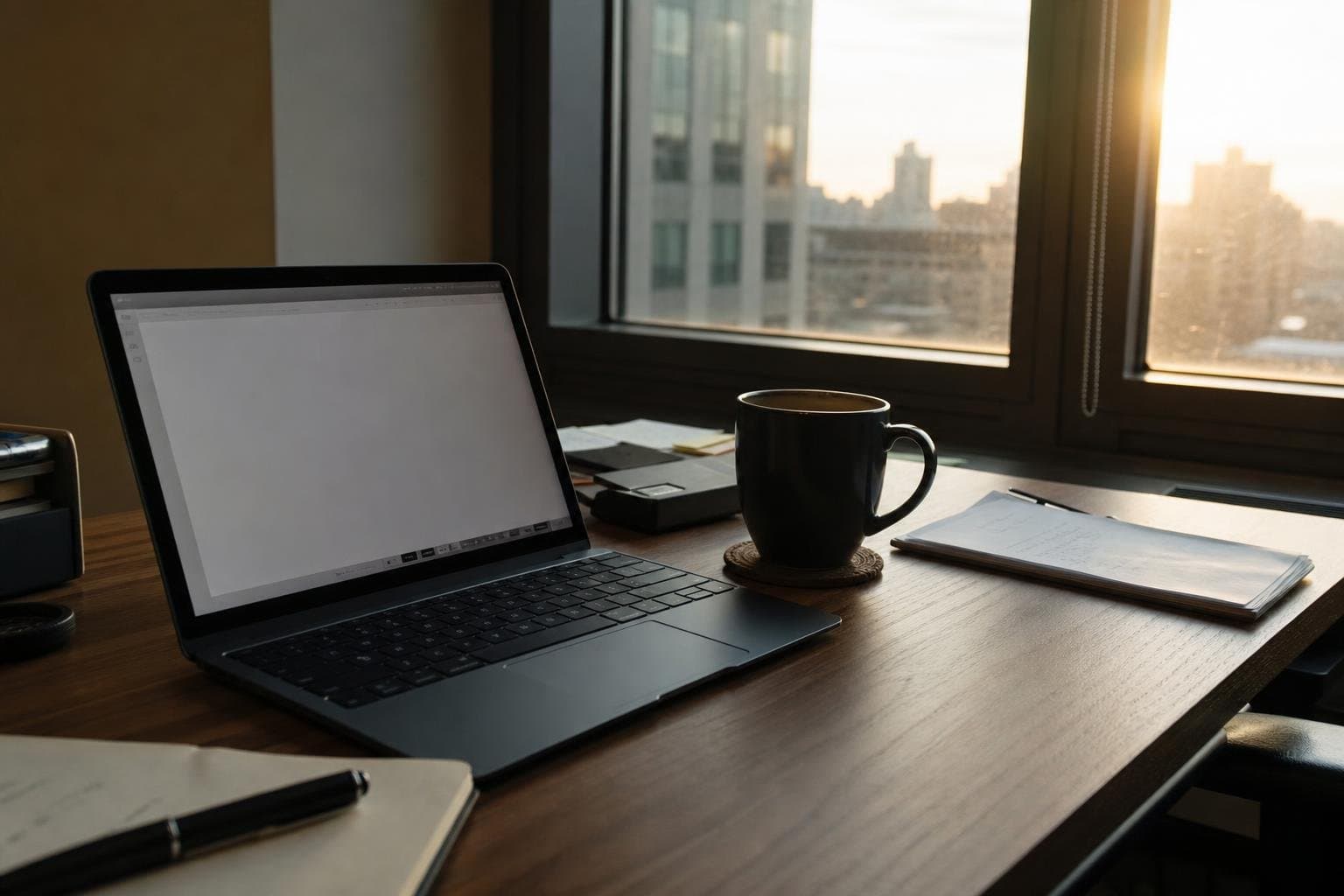 A desk at the end of a work week with a laptop and coffee cup in warm afternoon light