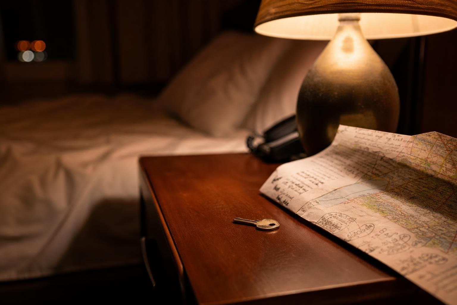 A house key on a nightstand next to a hand-annotated paper map.