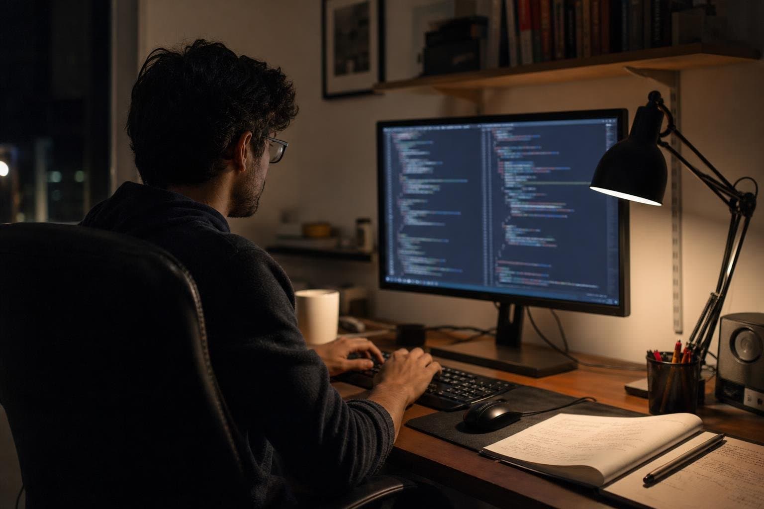 A developer paused at a desk late in the evening, hands off the keyboard, thinking.