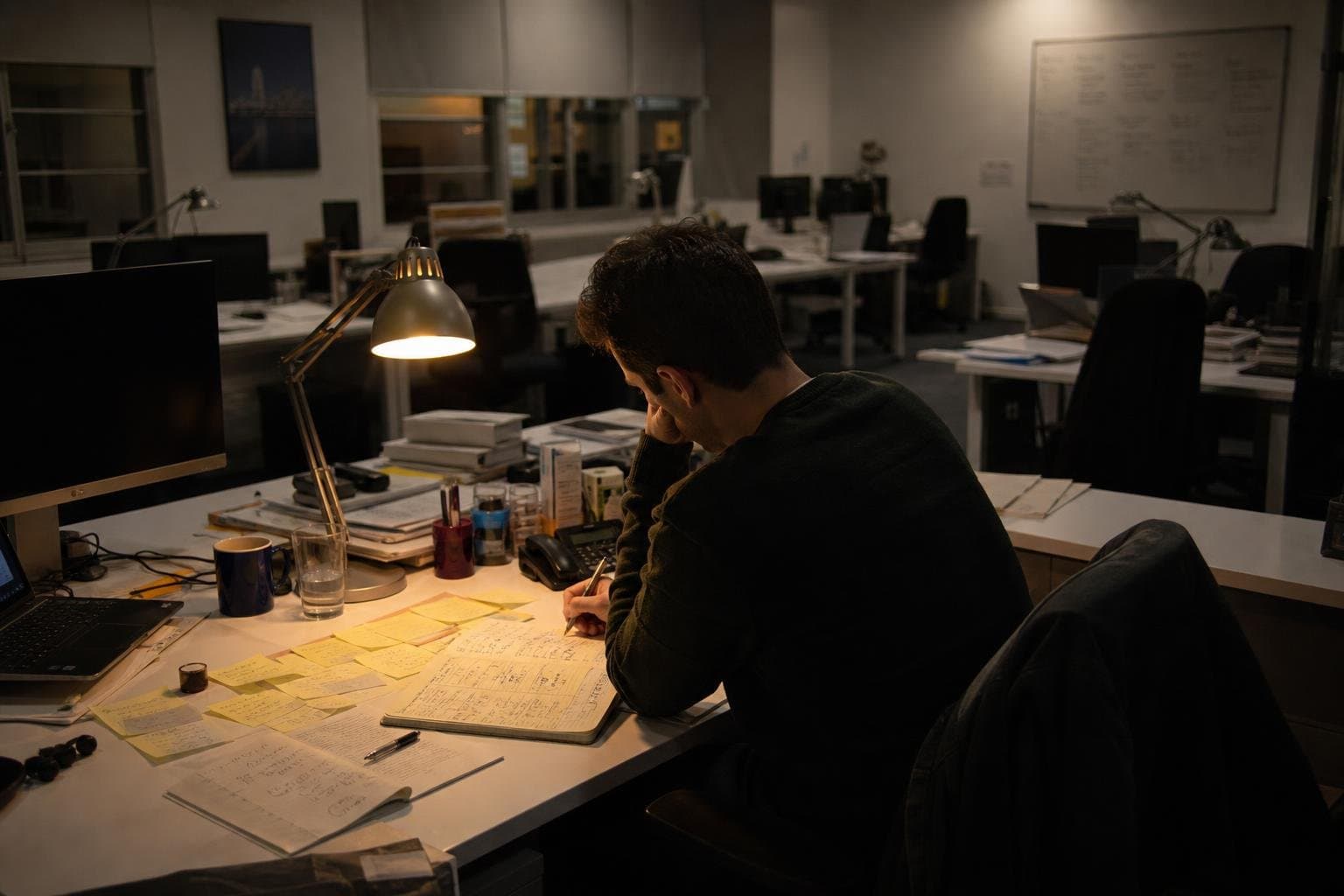 A person alone at a cluttered desk in an otherwise empty small office.
