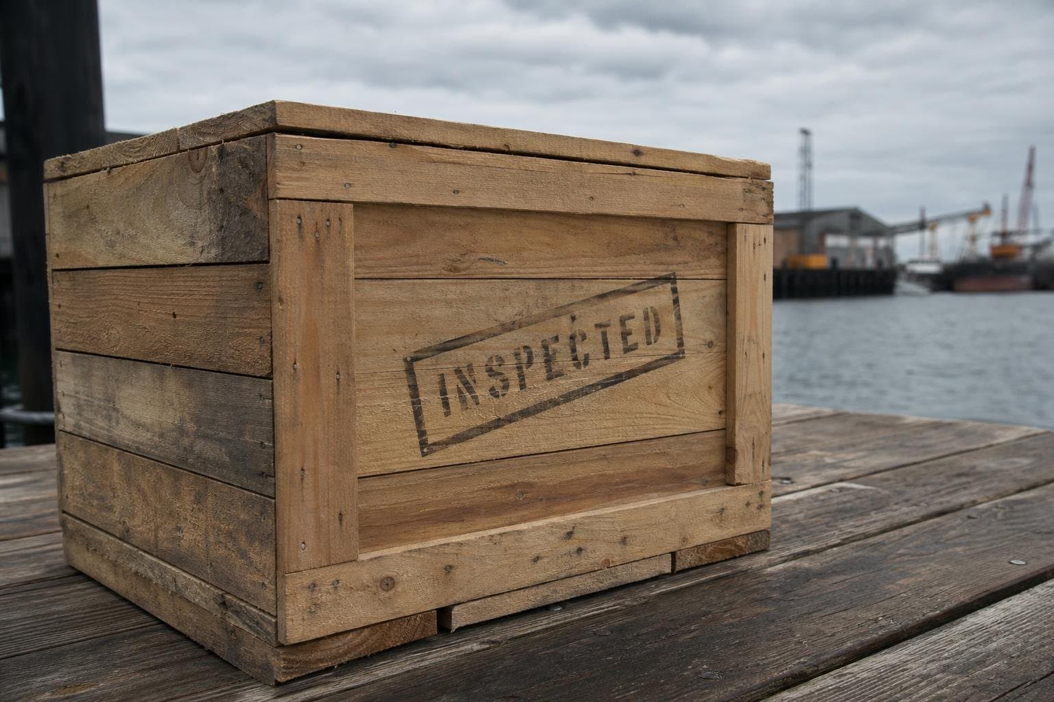 A sealed wooden shipping crate stamped inspected, with no way to see what's inside.