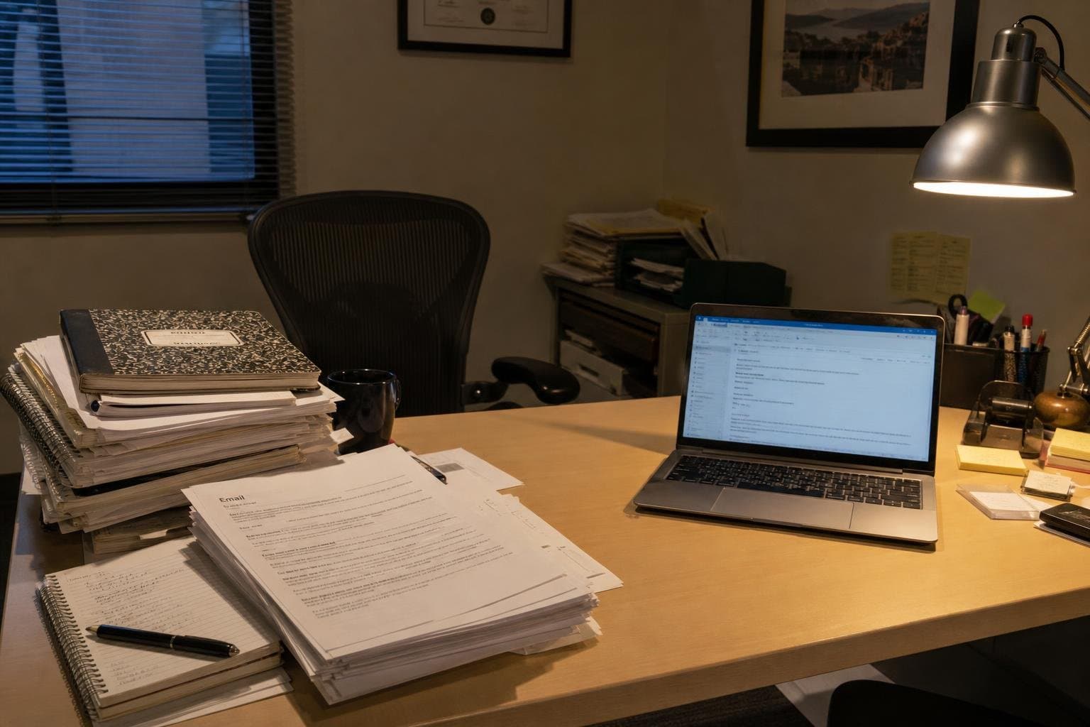 A cleared laptop space on a desk otherwise covered in old notebooks and papers pushed aside