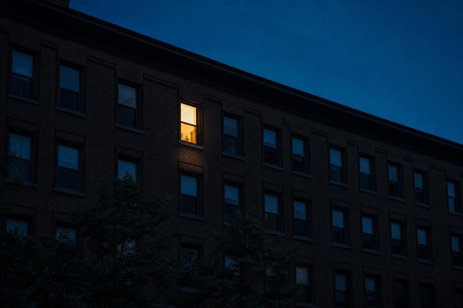 One lit window glowing among a row of dark windows at night.