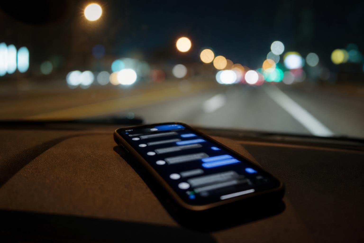 A phone on a dashboard at night showing a blur of scrolling chat messages, streetlights visible through the windshield.