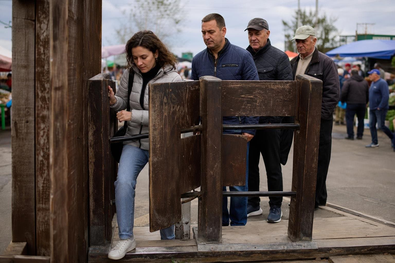 A single wooden turnstile gate with one person passing through while others wait behind it.