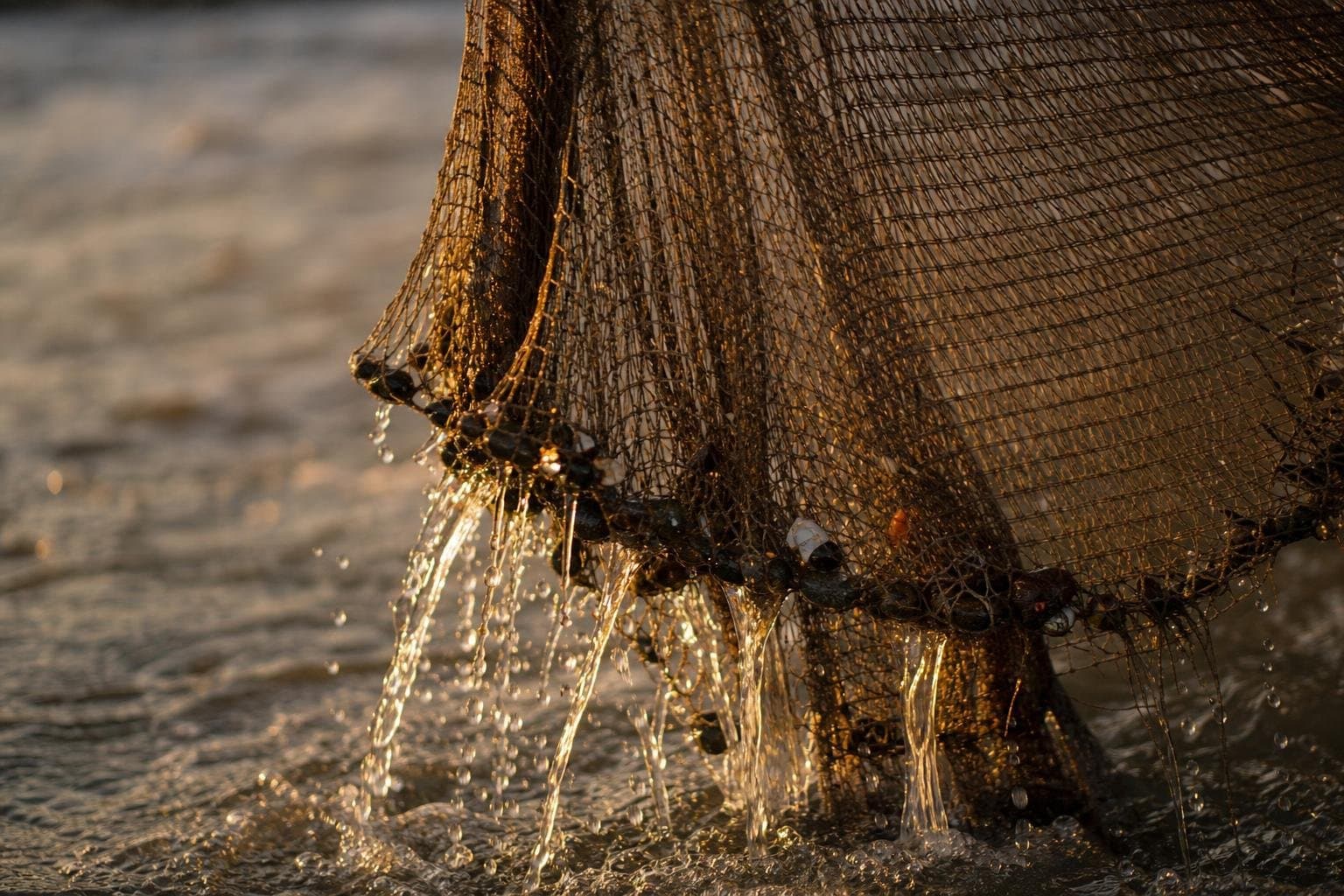 A wet fishing net lifted from a river, most debris slipping through the mesh while a few small objects stay caught.