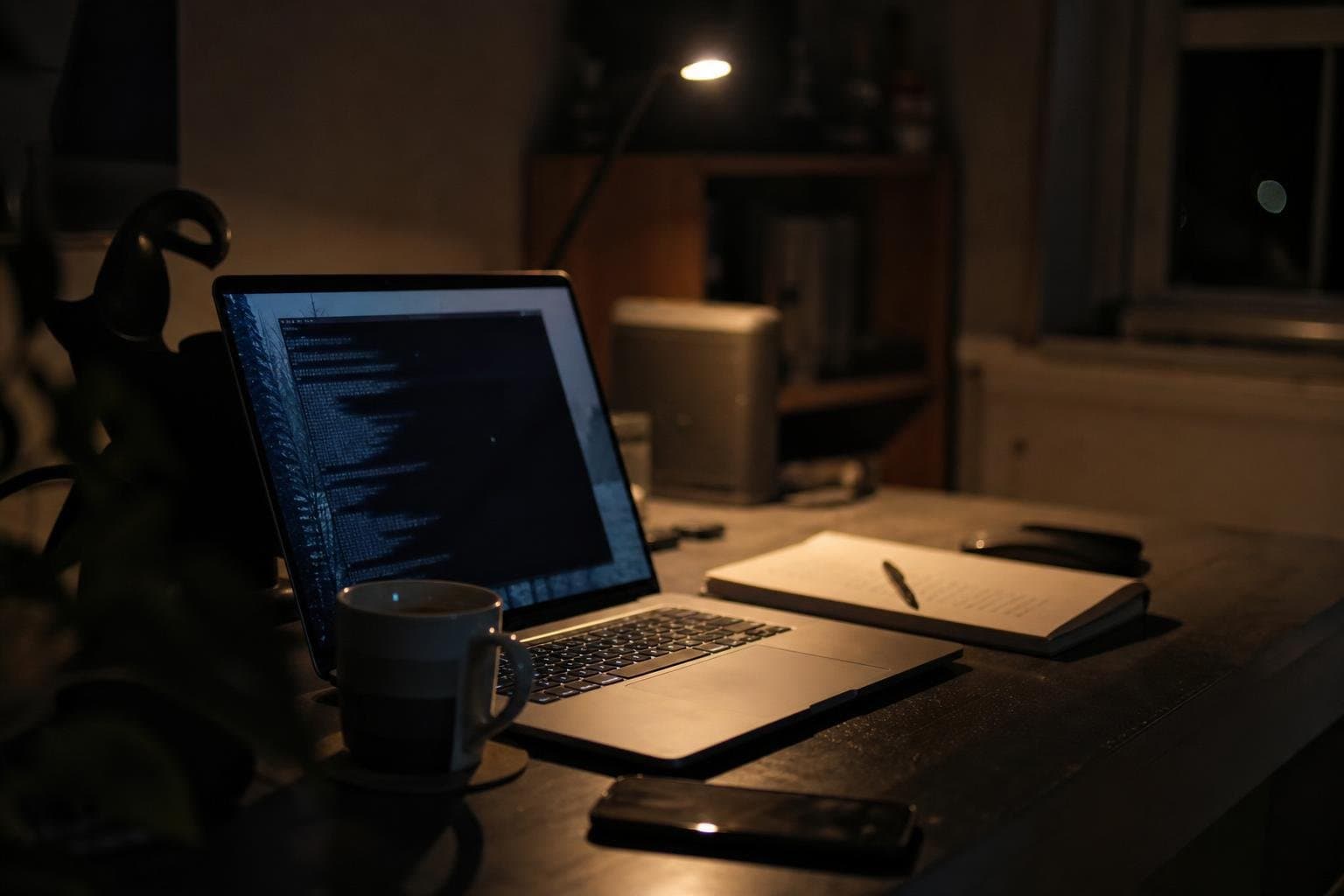 A laptop with an open terminal window glowing in a dark home office at night.