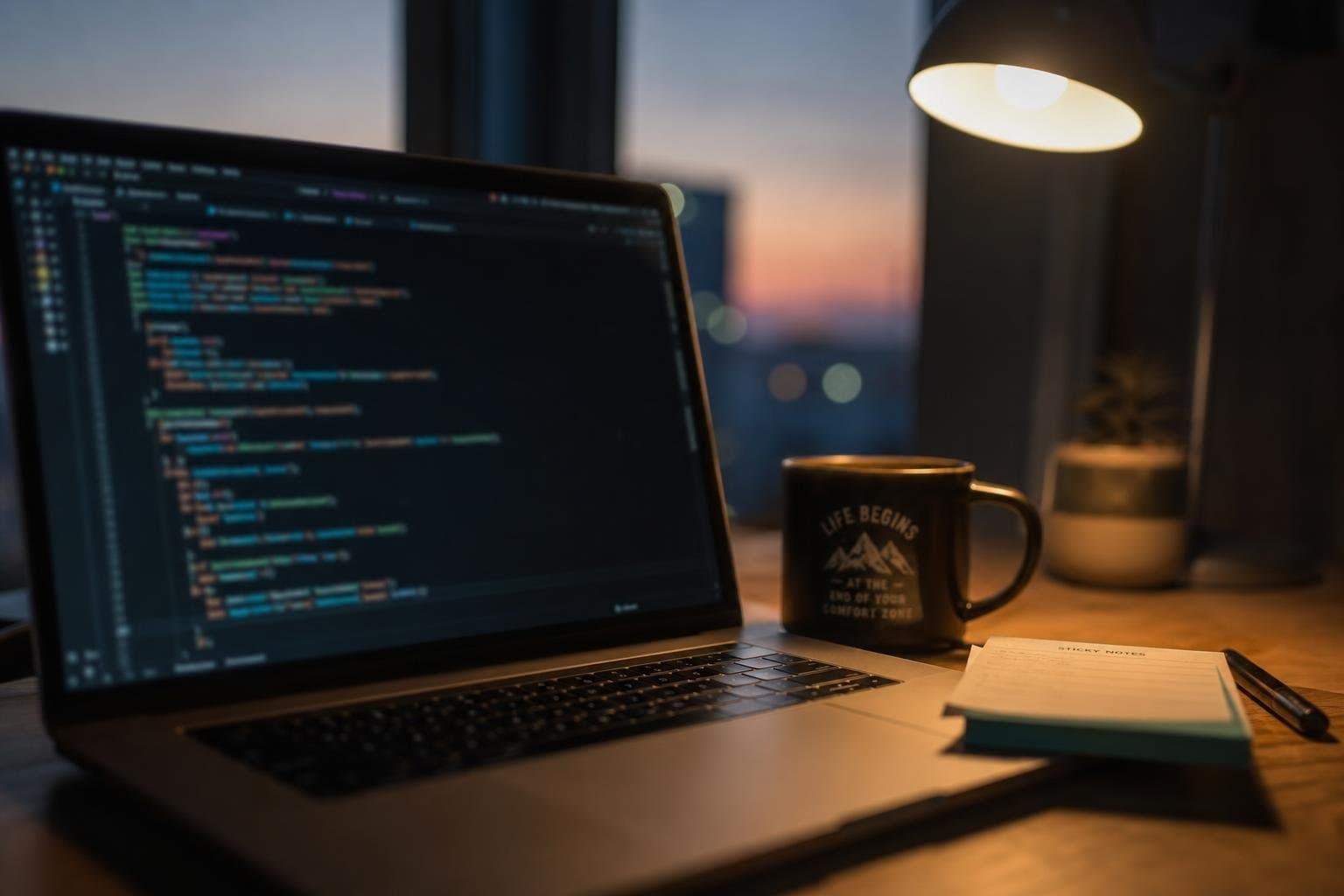 A developer's desk at dusk with a laptop and a lamp, screen out of focus.