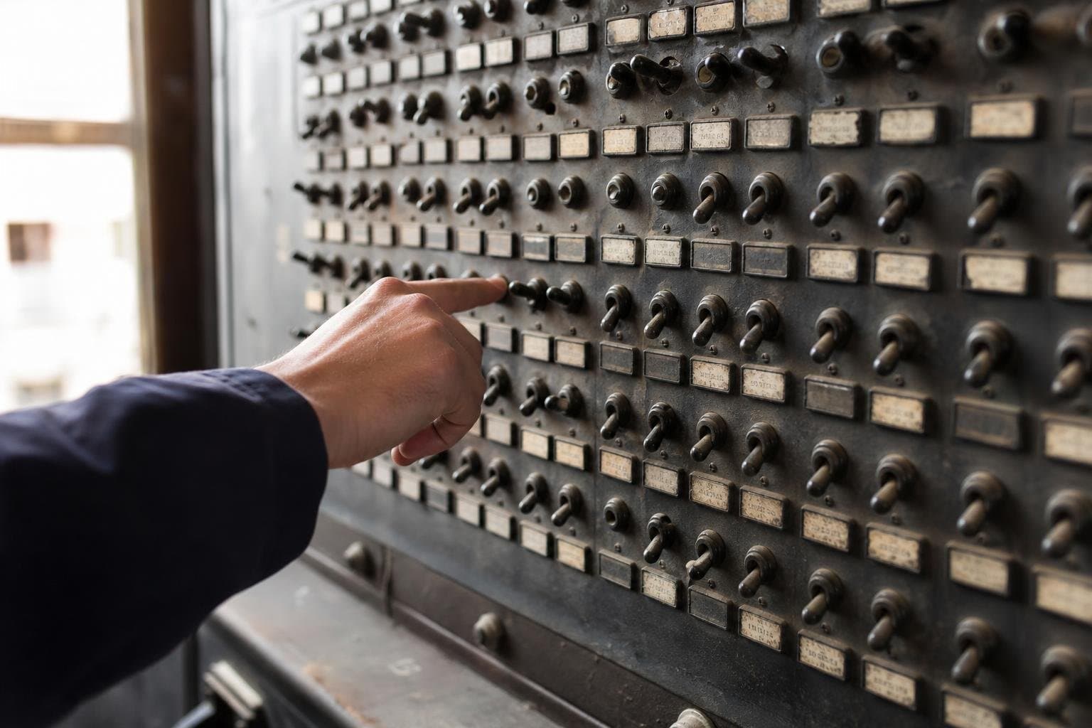 A wall of small mechanical switches, most left in unexplained positions, with one hand reaching toward a single switch.