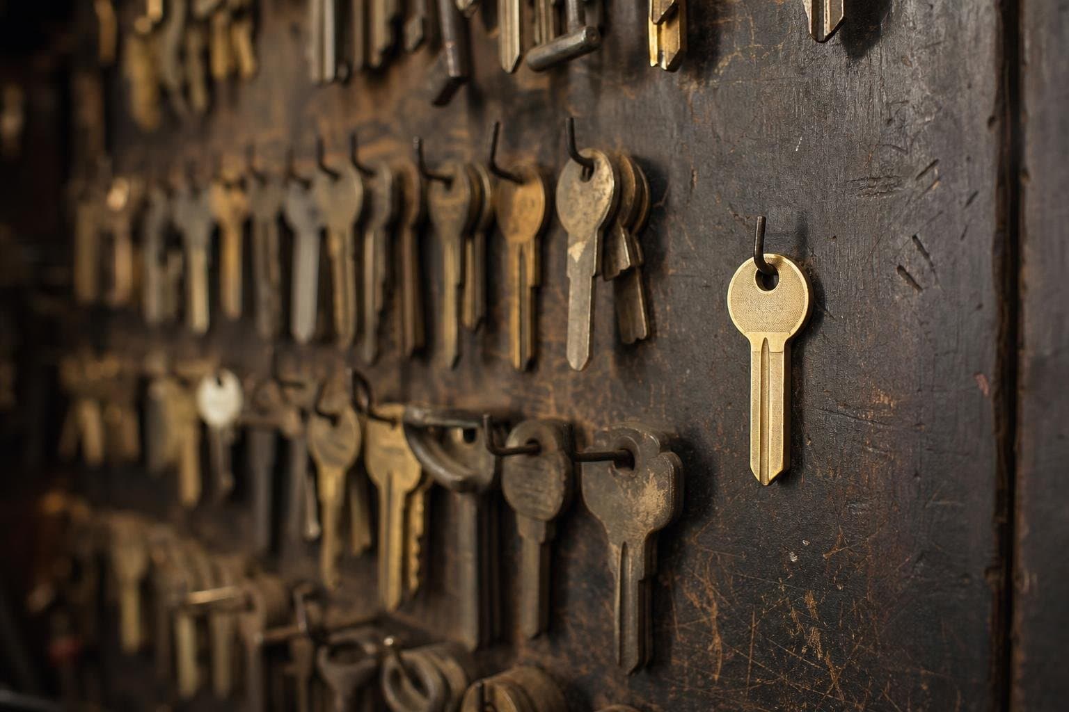 A wall of worn brass keys with one bright uncut blank key hanging apart from the others.