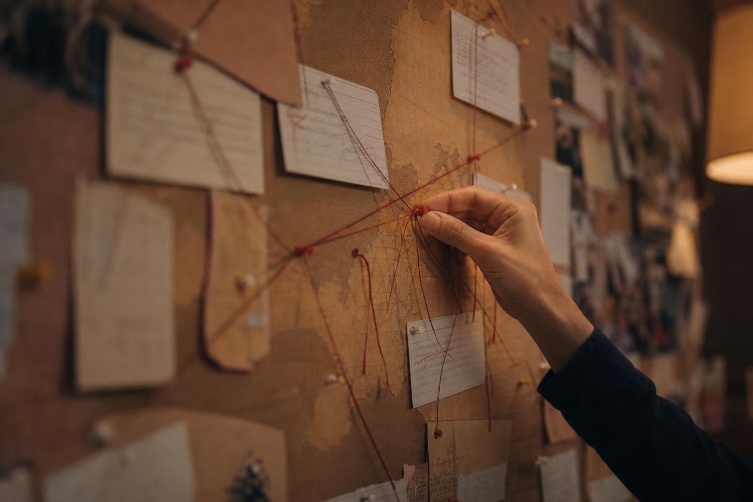 A hand reconnecting a snapped string on a corkboard covered in index cards and tangled connections.