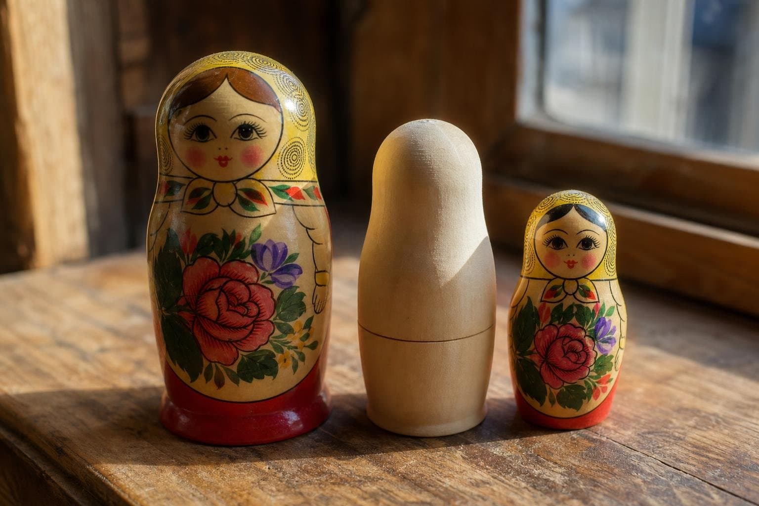Three nesting dolls in a row, the outer and inner ones painted with faces, the middle one sanded blank.
