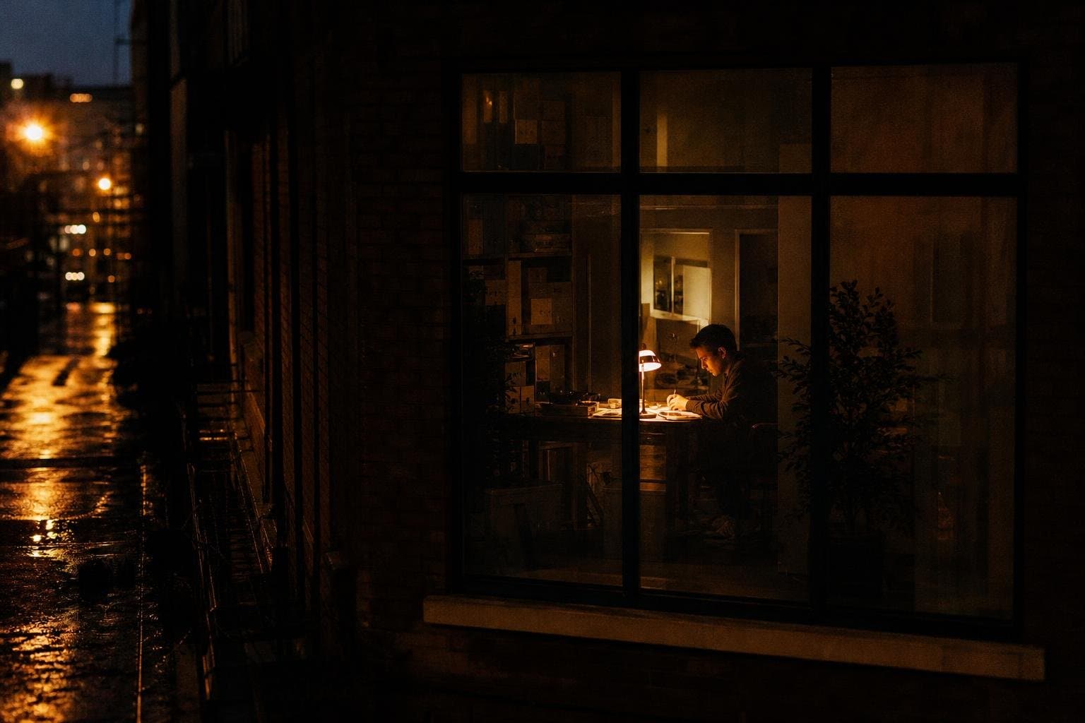 A single lit window glowing in a dark house at night, seen from the street.