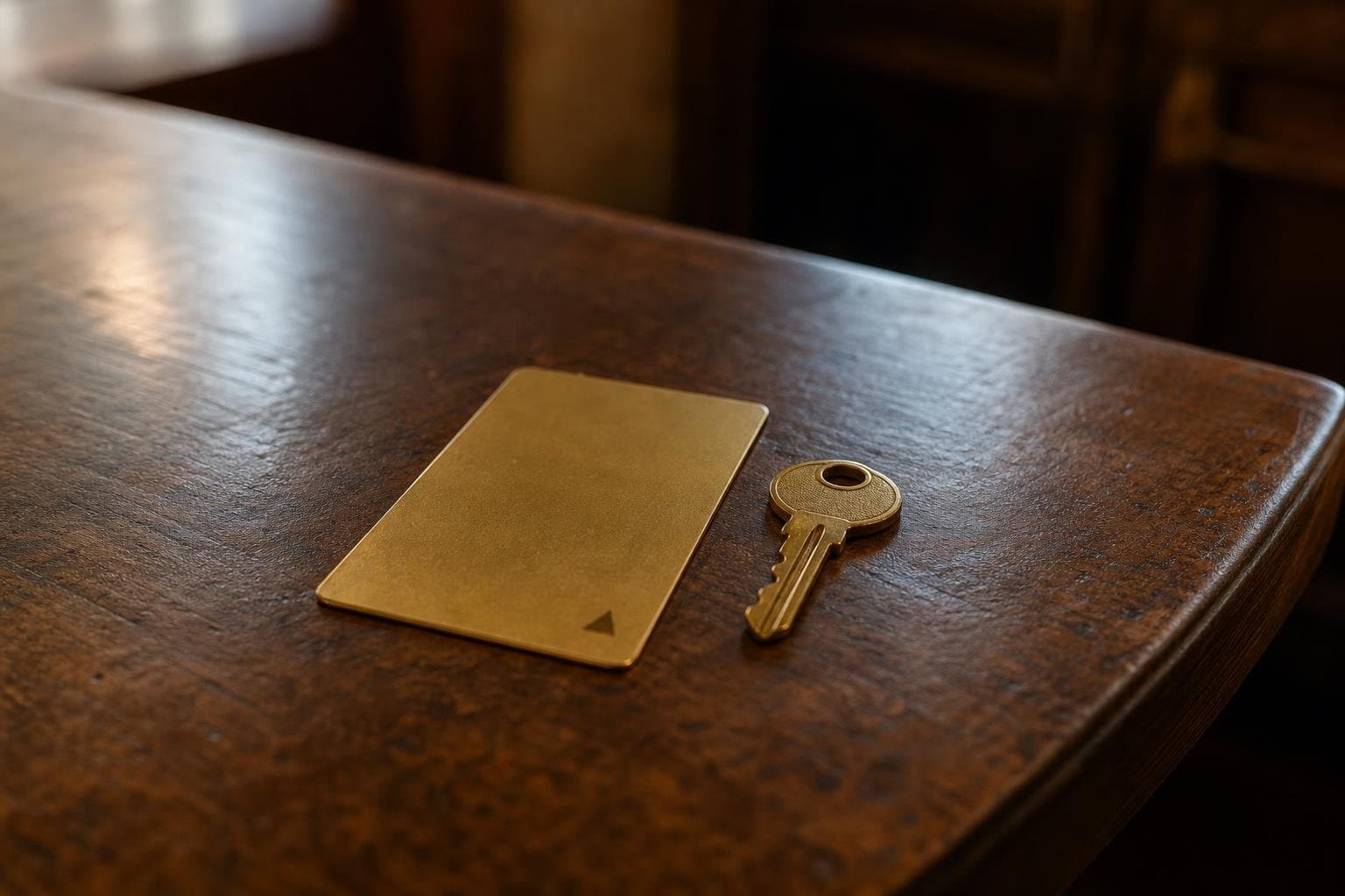 A hotel key card and a house key resting side by side on a wooden desk.