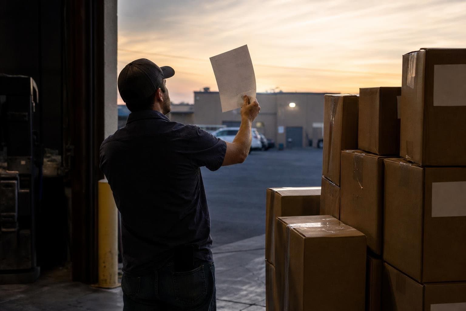 A warehouse worker checking a printed packing slip against boxes on a loading dock at dusk.