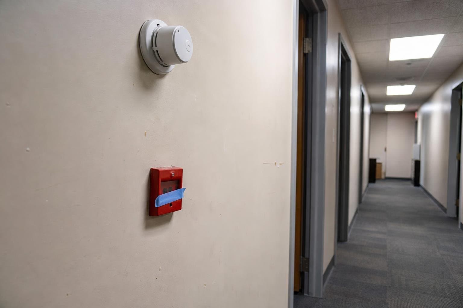 A hallway fire alarm with its indicator light covered by a strip of tape.