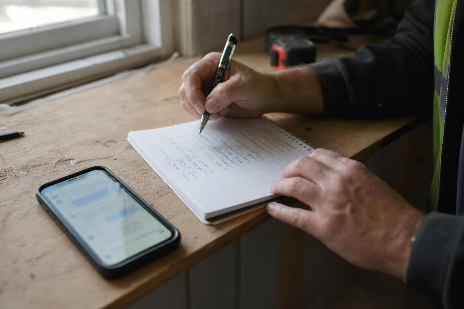A contractor taking notes by hand next to a phone with a chat thread open.