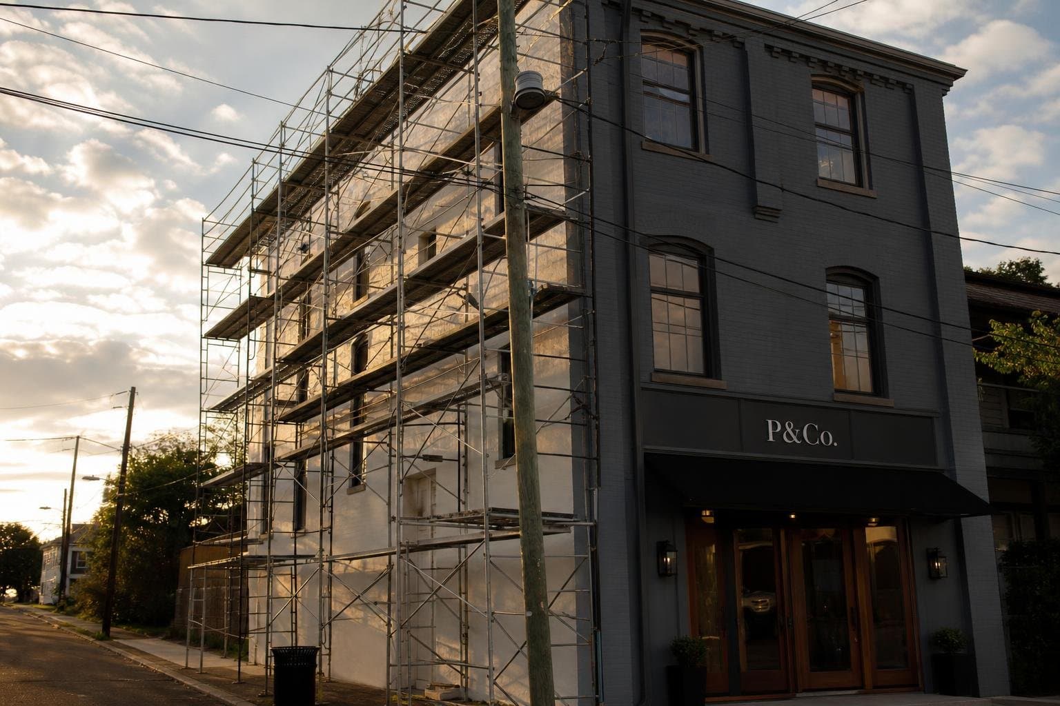 A finished-looking building still wrapped in scaffolding on one side.