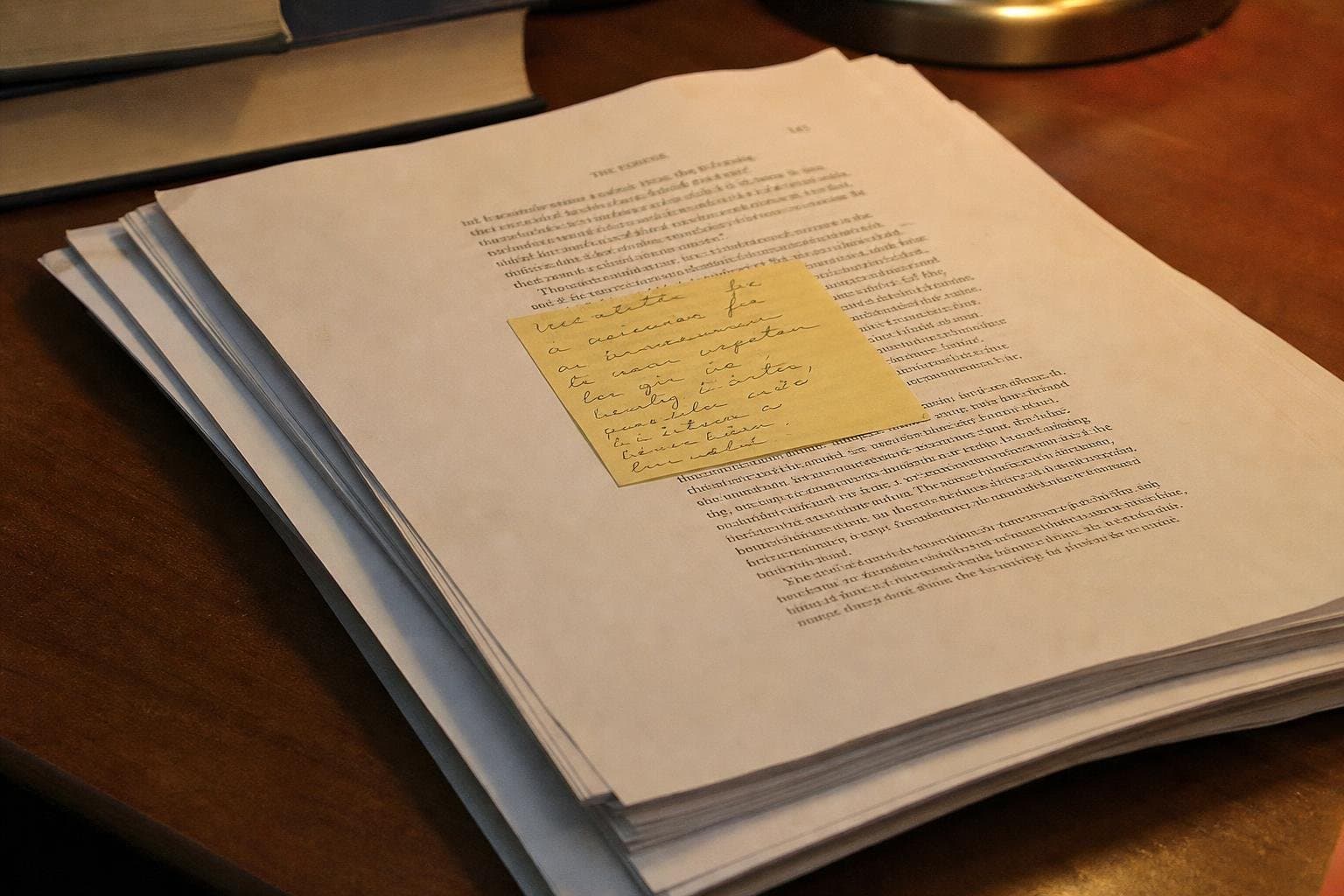 A stack of printed manuscript pages with a sticky note on top, lit by a desk lamp.