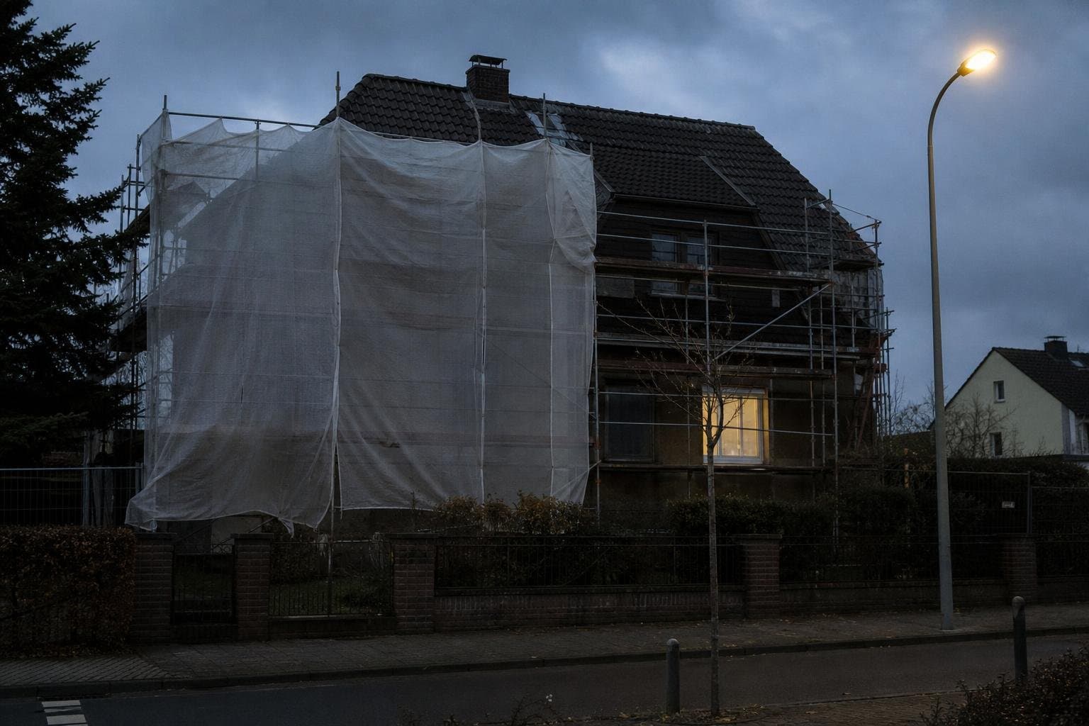 A house still wrapped in scaffolding and tarp at dusk, not yet revealed.