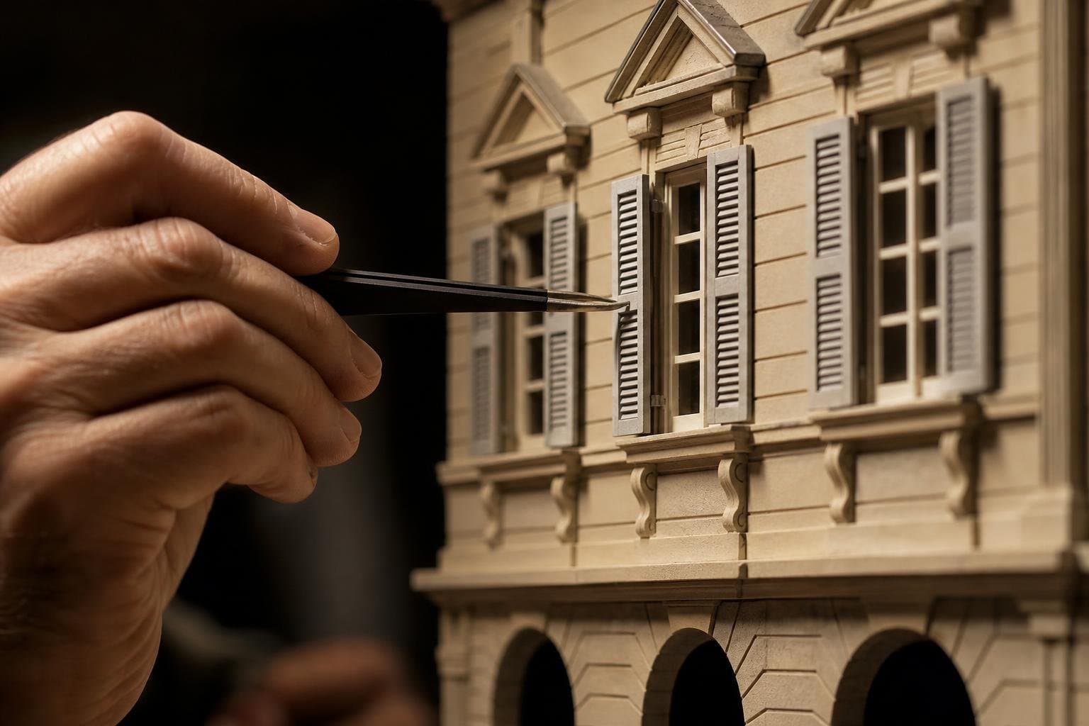 A model maker's hand adjusting a tiny detail on an architectural scale model with tweezers.