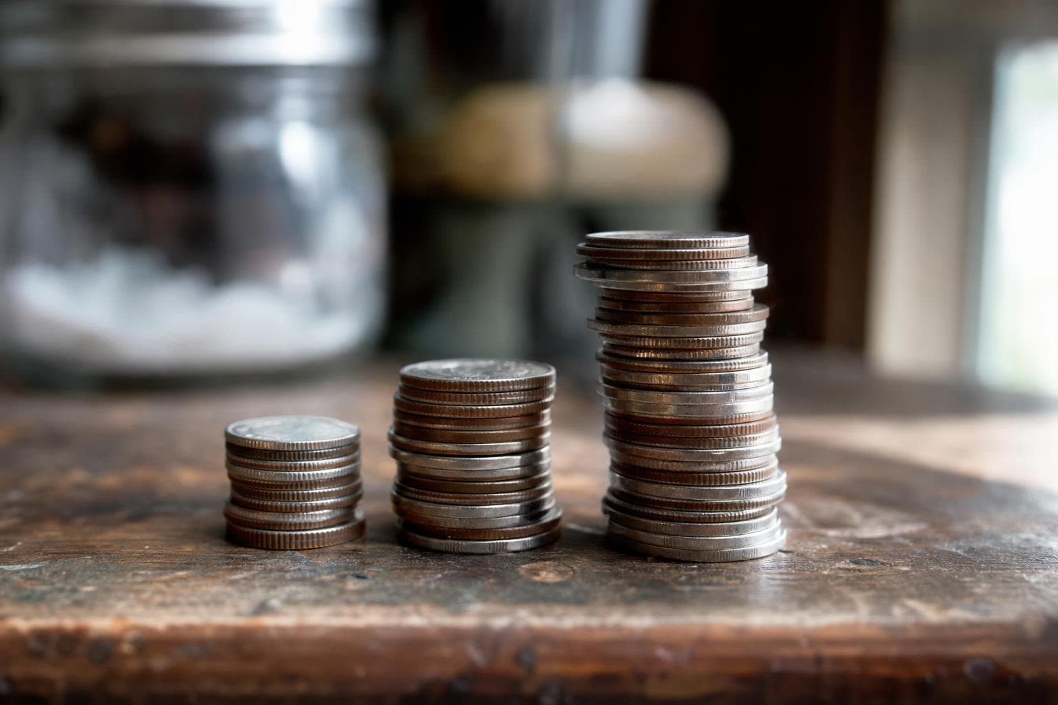Three uneven stacks of coins on a wooden counter, representing different team sizes.