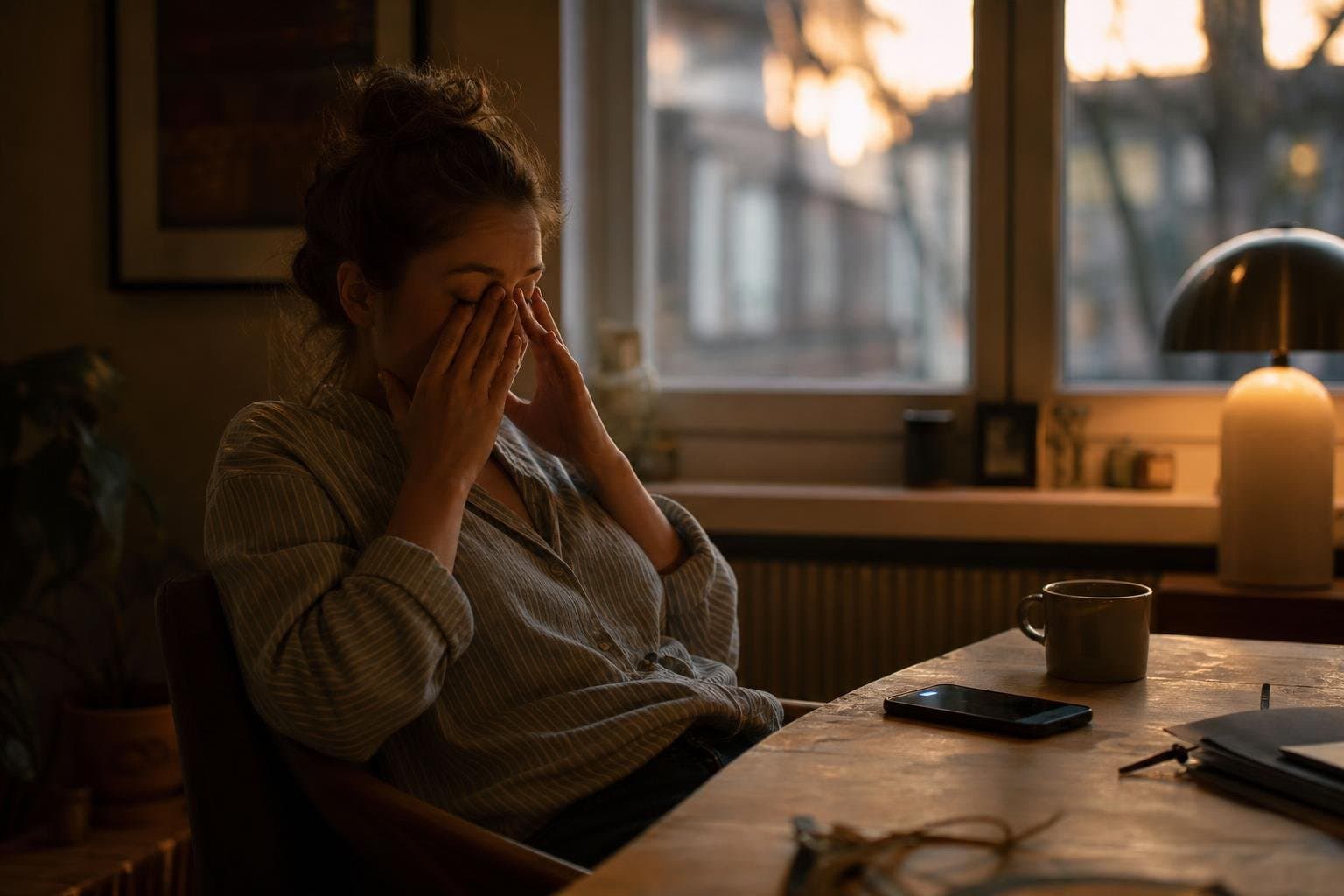 A person leaning back from their desk, tired, phone glowing beside them.