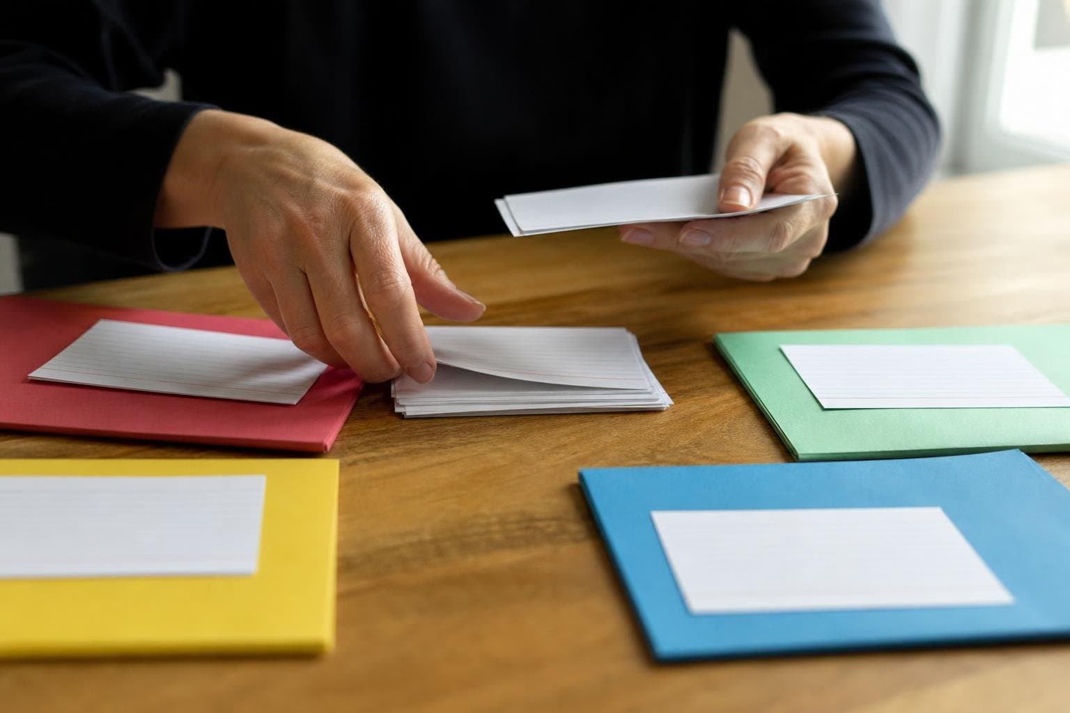 Hands gathering index cards from four separate folders into a single pile.