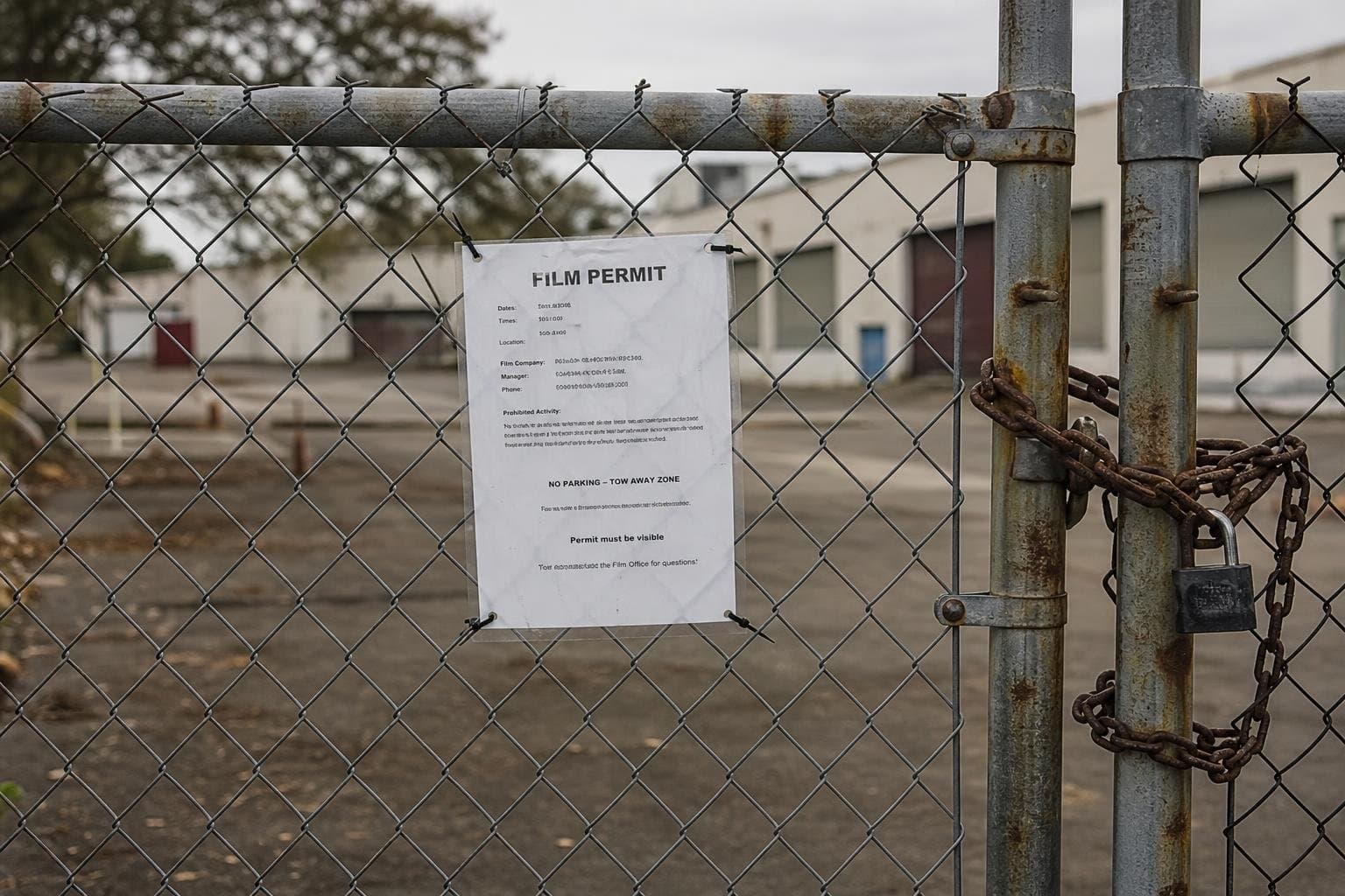 A padlocked chain-link gate with a permit notice taped to the mesh.