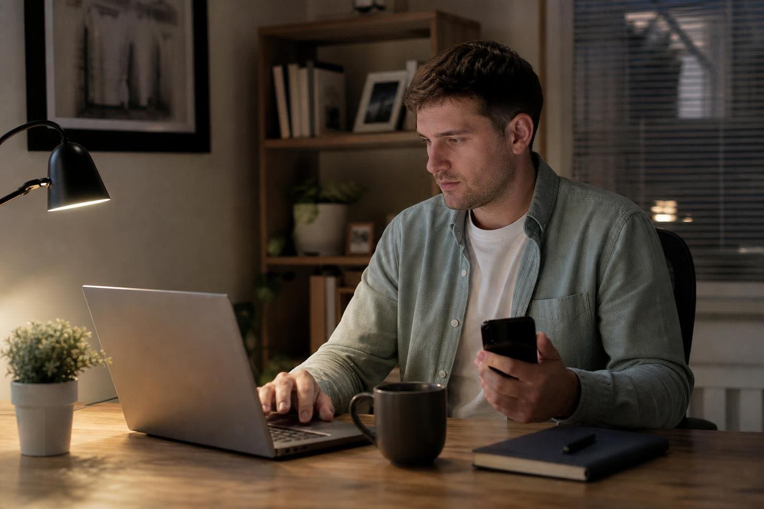 A person updating a task on a laptop while also holding a phone.