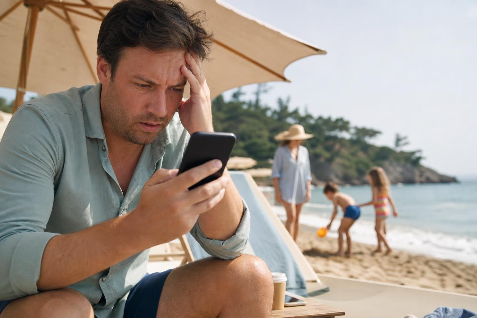 A person on vacation checking their phone anxiously instead of relaxing.