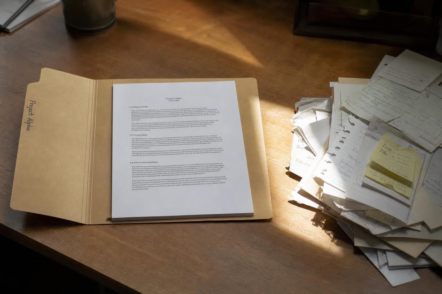 One clean labeled folder with a single page beside a messy pile of loose notes.