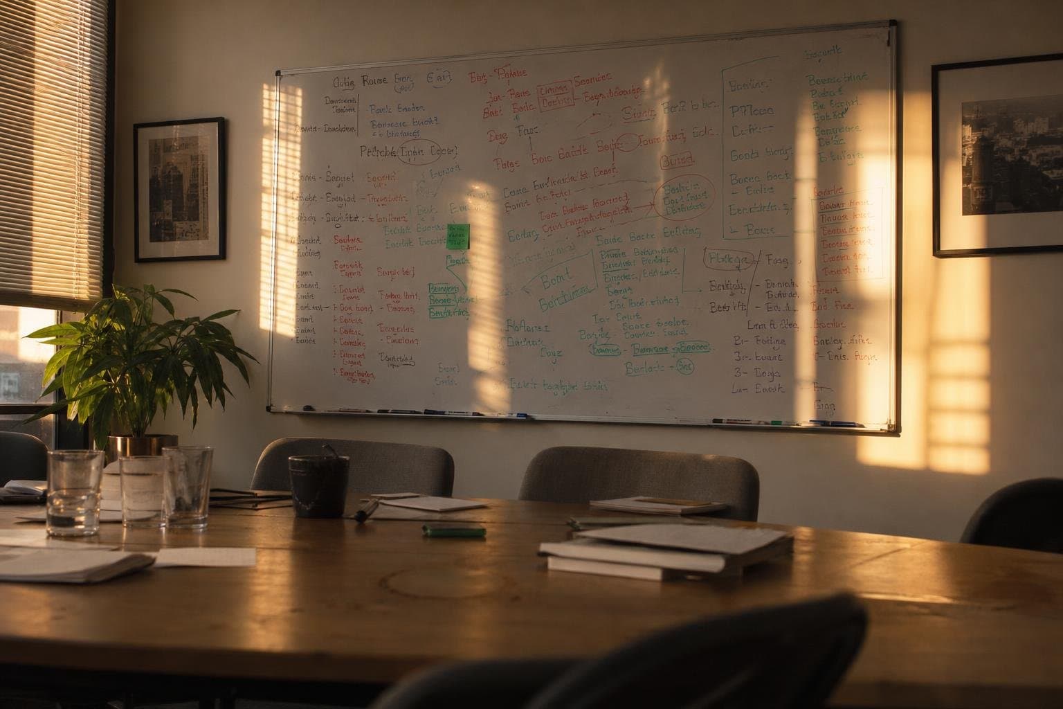 An office whiteboard layered with overlapping notes from several different meetings, never erased.